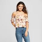 Women's Floral Print Short Sleeve Off The Shoulder Smocked Crop Top - Xhilaration Blush