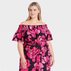 Women's Plus Size Short Sleeve Smocked Bardot Top - Who What Wear Black Floral