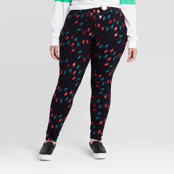 Zoe+liv Women's Plus Size Red And Green Christmas Light Leggings - Black