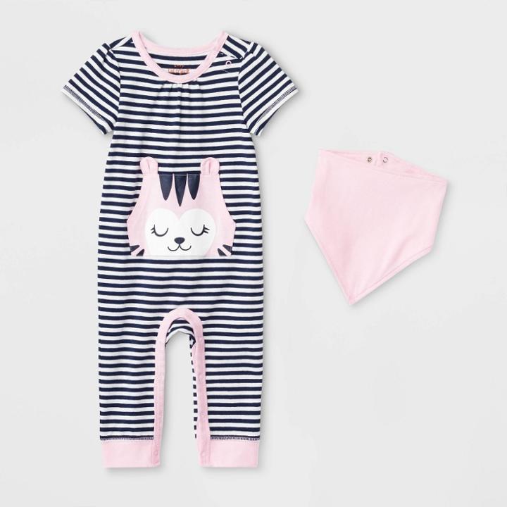 Baby Girls' Critter Tiger Pocket Bib Romper - Cat & Jack Blue Newborn, Girl's
