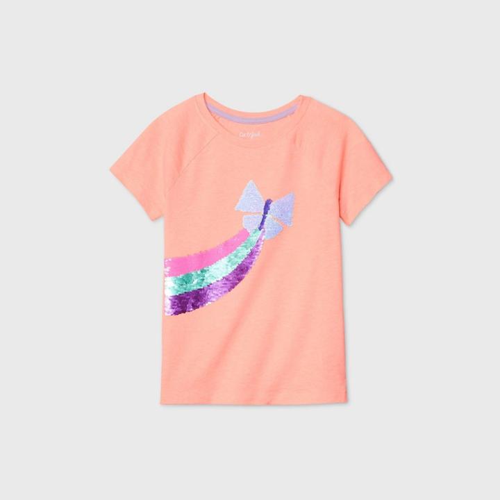 Girls' Short Sleeve Flip Sequin Butterfly T-shirt - Cat & Jack Neon Peach