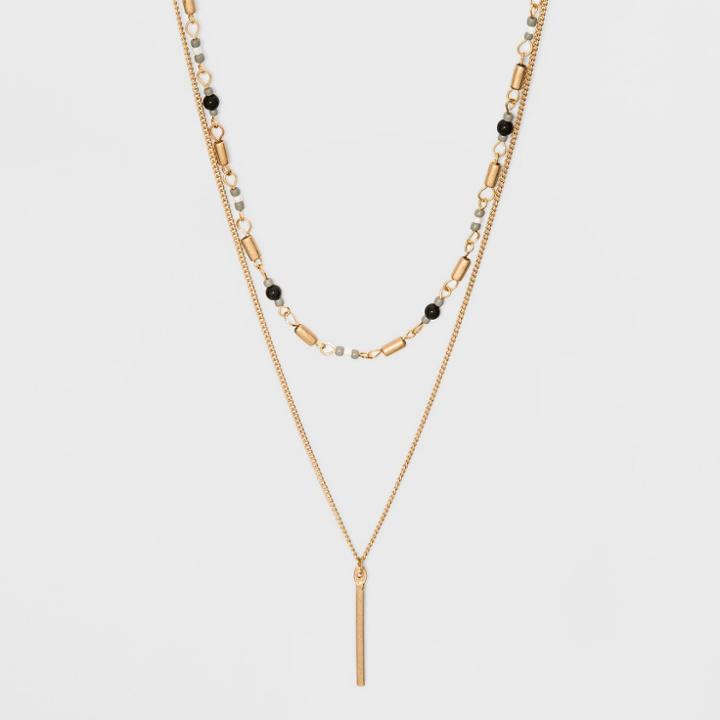 Two Row Beaded With Bar Layered Necklace - Universal Thread Gold,