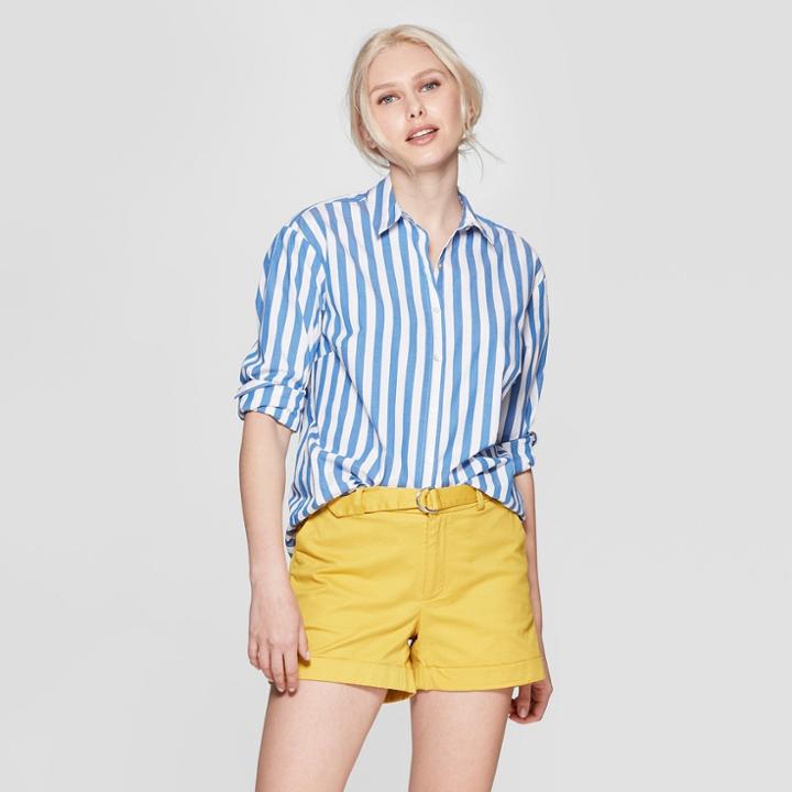 Women's Striped Long Sleeve Woven Shirt - A New Day White/blue