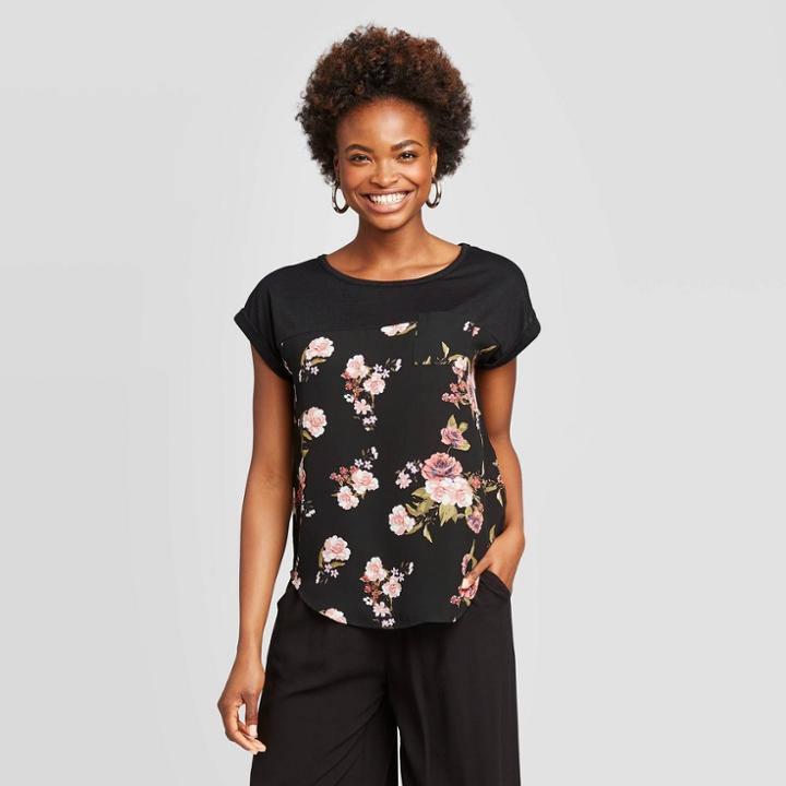 Women's Floral Print Short Sleeve Scoop Neck T-shirt - Xhilaration Black