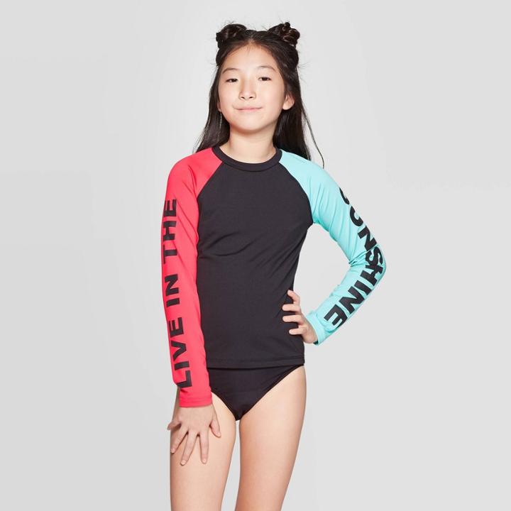 Girls' Live In The Sunshine Long Sleeve Rash Guard - Art Class Black S, Girl's,