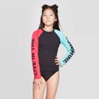 Girls' Live In The Sunshine Long Sleeve Rash Guard - Art Class Black S, Girl's,