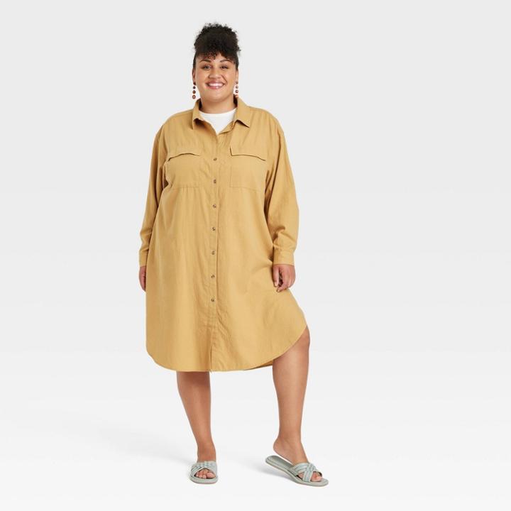 Women's Plus Size Long Sleeve Button-down Shirt - Ava & Viv Tan X