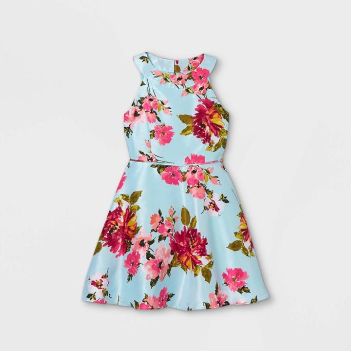 Zenzi Girls' Floral Shantung Dress - Aqua