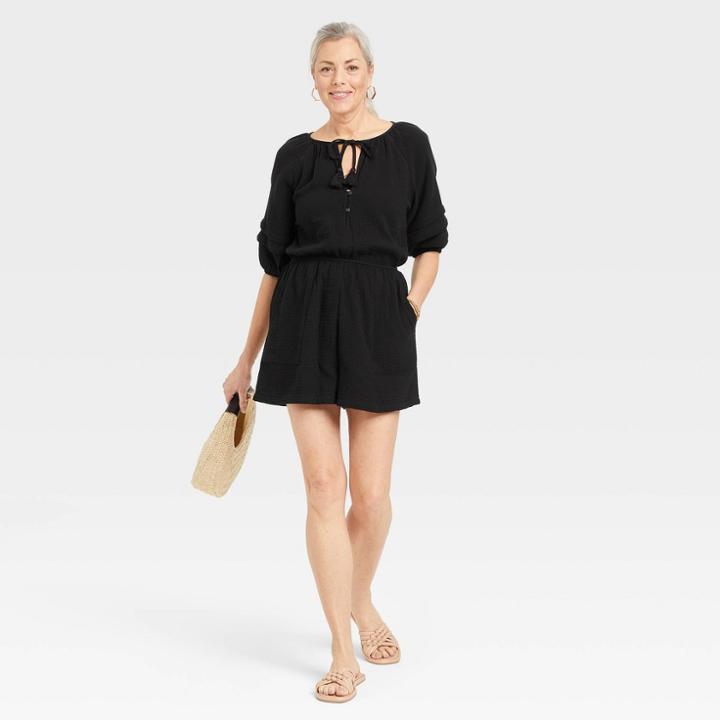 Women's Short Sleeve Gauze Romper - Knox Rose Black