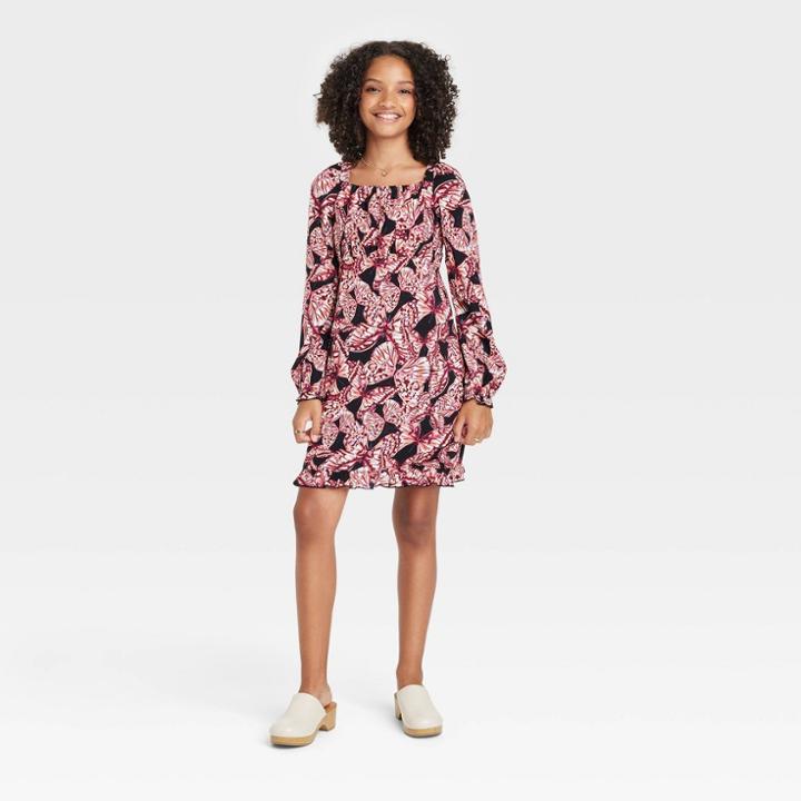 Girls' Woven Long Sleeve Dress - Art Class Black Butterfly