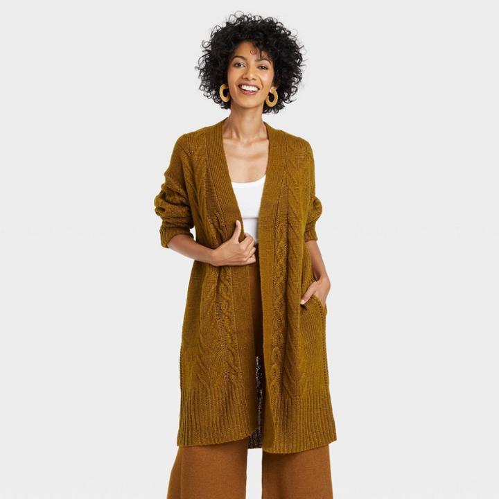 Women's Cable Knit Open-front Cardigan - A New Day Olive Green