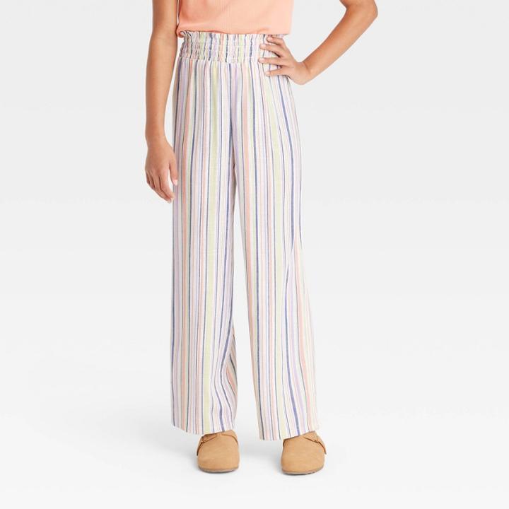 Girls' Striped Smocked Waist Wide Leg Woven Pants - Art Class S,