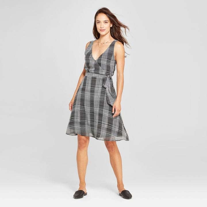 Women's Plaid Sleeveless Chiffon Tie Waist Dress - A New Day Black