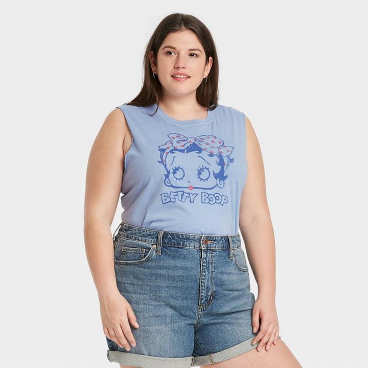 Mighty Fine Women's Plus Size Betty Boop Bow Stars Graphic Tank Top - Blue
