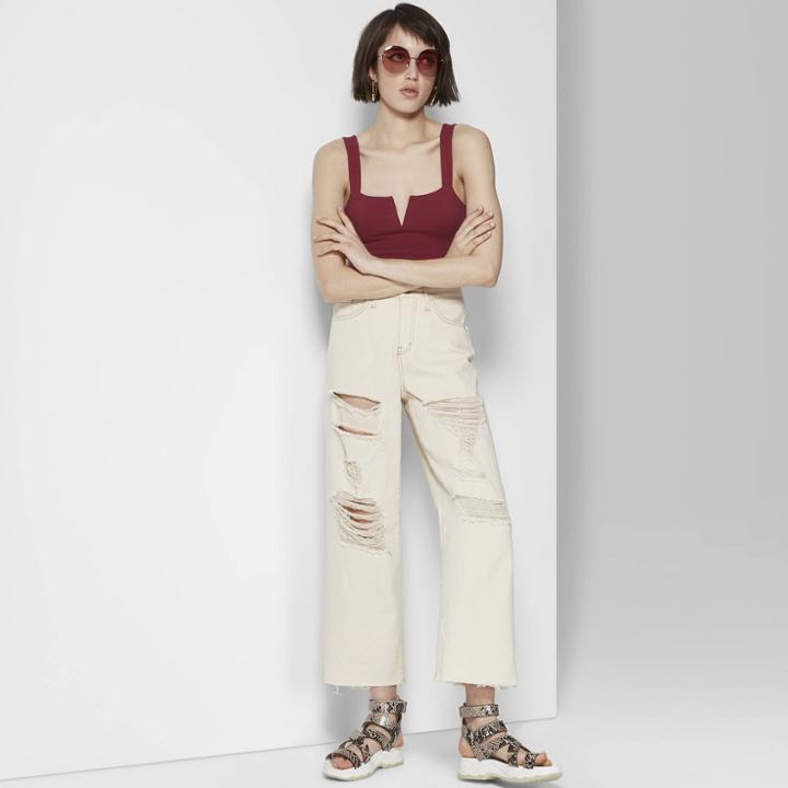 Women's High-rise Distressed Wide Leg Cropped Denim Pants - Wild Fable Beige