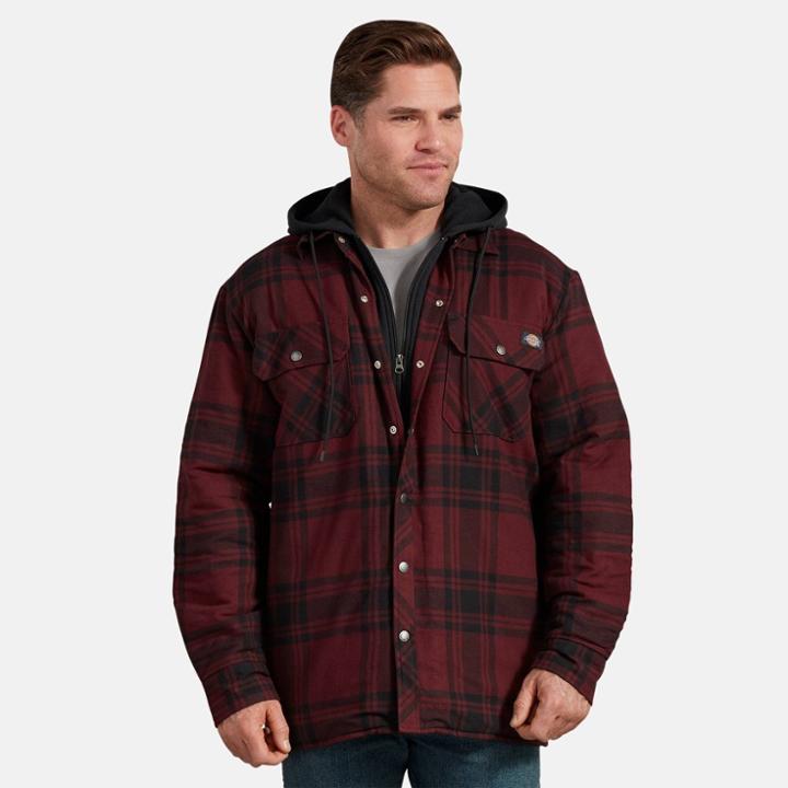 Dickies Men's Relaxed Fit Hooded Plaid Quilted Flannel Shirt Jacket - Red