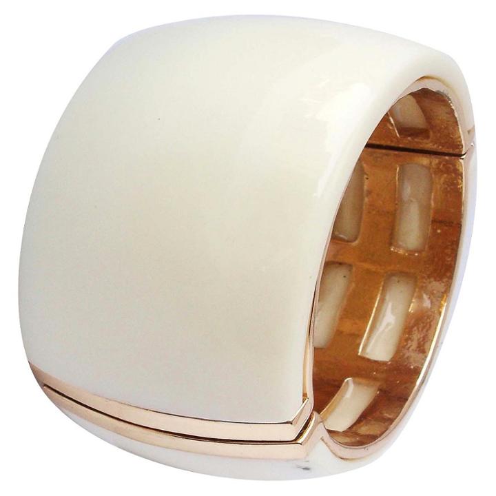 Zirconite Wide Bangle With Gold Trim - Ivory, Beige
