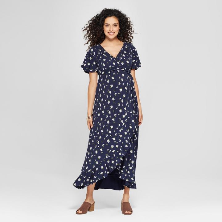 Maternity Floral Print Faux Wrap Belted Knit Dress - Isabel Maternity By Ingrid & Isabel Navy S, Women's, Blue