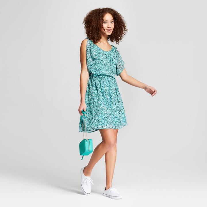 Women's Floral Print Flutter Sleeve Dress - A New Day Green