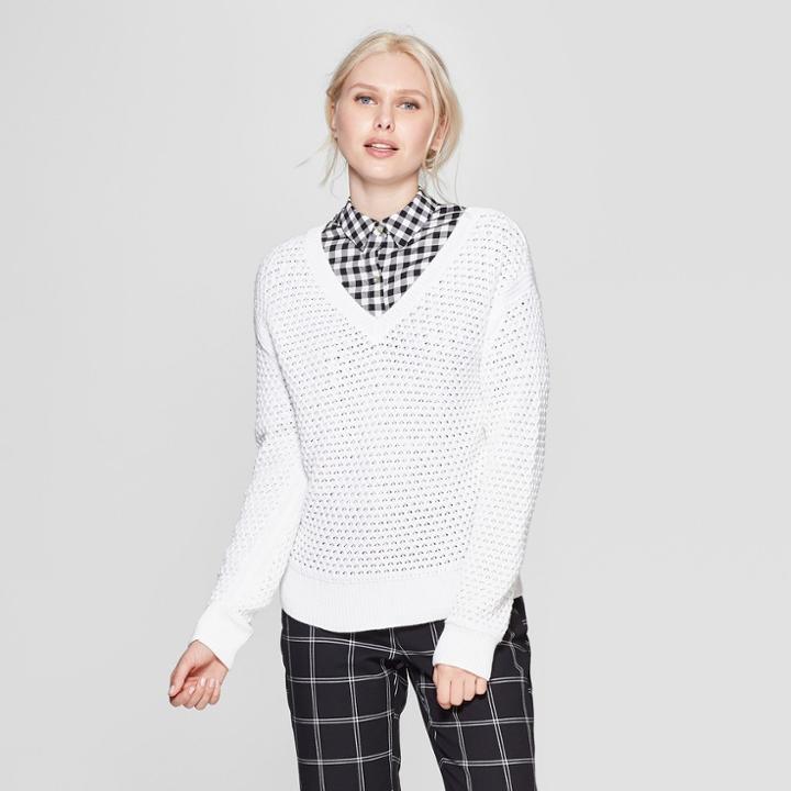 Women's Long Sleeved V-neck Pullover Sweater - A New Day White