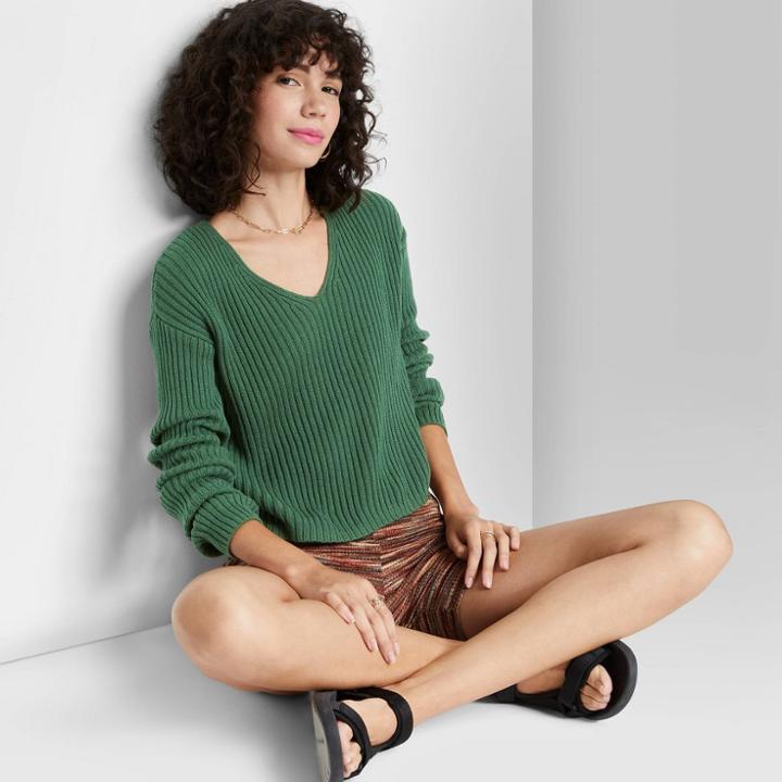 Women's V-neck Ribbed Pullover Sweater - Wild Fable Dark Green
