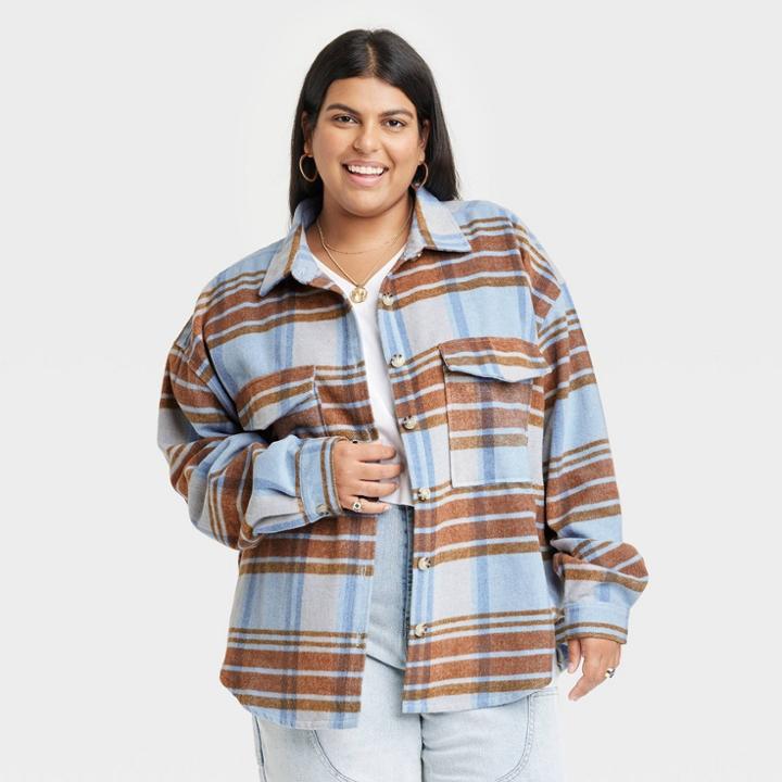 Women's Ford Bronco Plus Size Plaid Graphic Shirt Shacket - Blue