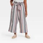 Women's Plus Size Striped Mid-rise Linen Cropped Wide Leg Pants - Knox Rose 3x,