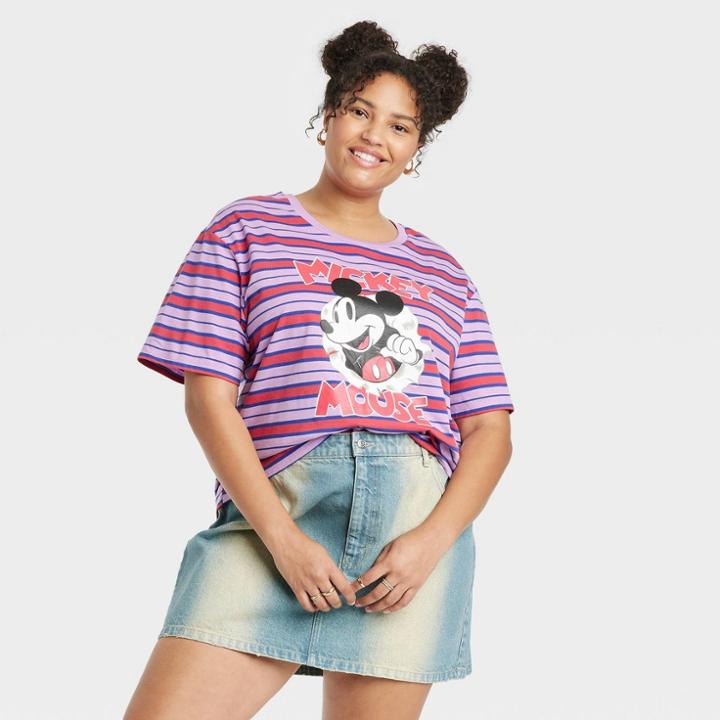 Women's Disney Plus Size Mickey Mouse Short Sleeve Graphic Cropped T-shirt - Purple