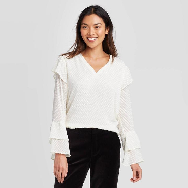 Women's Ruffle Long Sleeve V-neck Blouse - A New Day Cream Xs, Women's, Beige