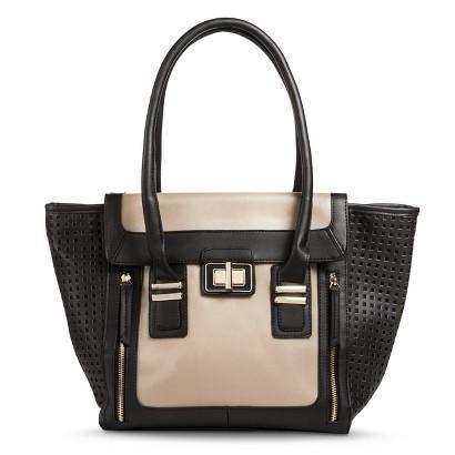 Under One Sky Women's Tote Handbag With Turnlock Pocket Detail - Black/tan