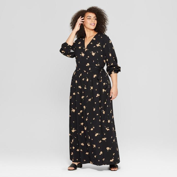 Women's Plus Size Floral Print Long Sleeve Maxi Wrap Dress - Who What Wear Black X