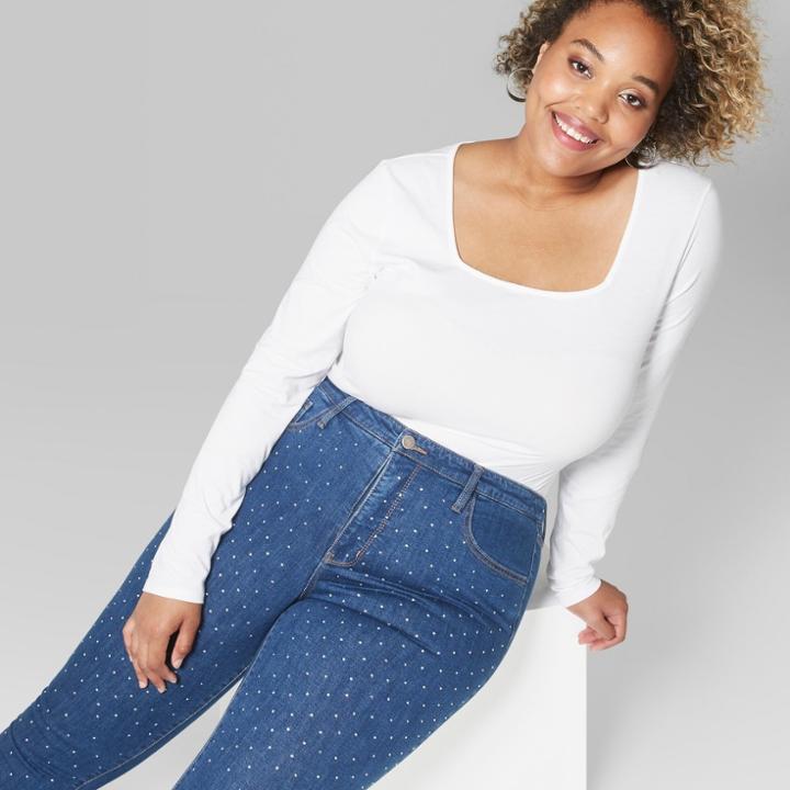 Women's Plus Size Cropped Long Sleeve Square Neck T-shirt - Wild Fable White