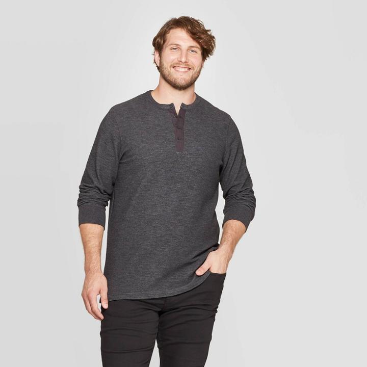 Men's Big & Tall Regular Fit Long Sleeve Textured Henley Shirt - Goodfellow & Co Railroad Gray