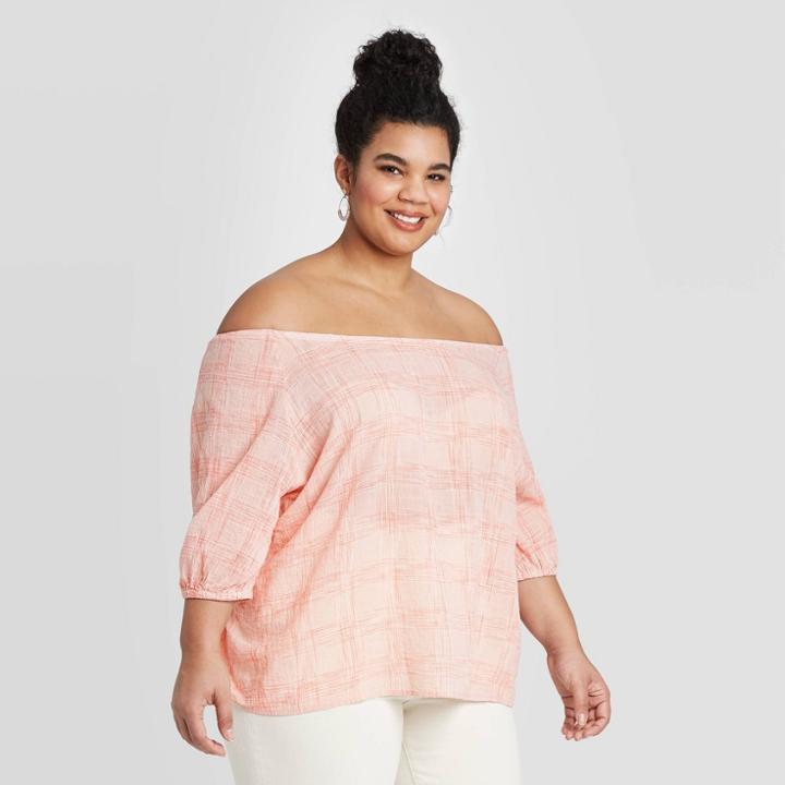 Women's Plus Size Plaid Elbow Sleeve Top - Universal Thread Pink 1x, Women's,