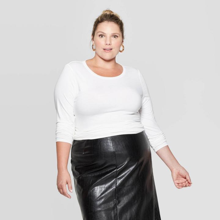 Women's Plus Size Long Sleeve Crewneck T-shirt - Ava & Viv White