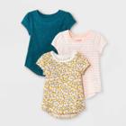 Toddler Girls' 3pk Floral Sparkle Striped Short Sleeve T-shirt - Cat & Jack Teal/pink