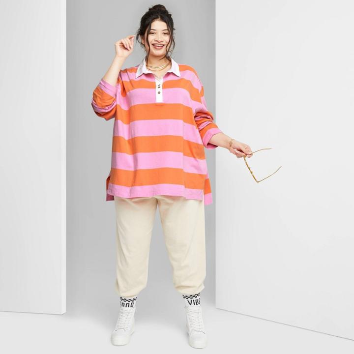 Women's Plus Size Ascot + Hart Rugby Long Sleeve Graphic Polo Shirt - Pink