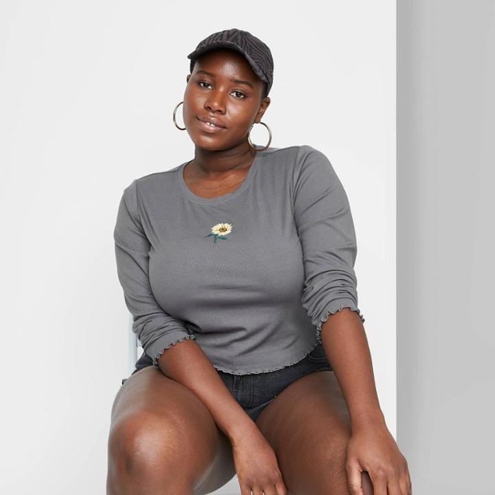 Women's Plus Size Long Sleeve Fitted Rib-knit T-shirt - Wild Fable Gray Sunflower Embroidery