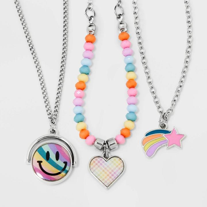 Girls' 3pk Layered Necklace Set With Spinner Smiley Pendant - Cat & Jack