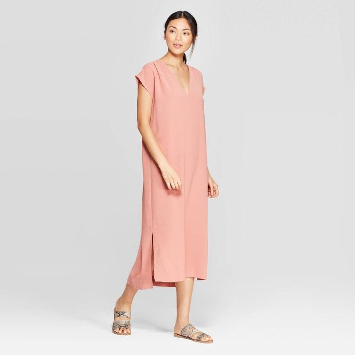 Women's Short Sleeve V-neck Shift Midi Dress - Prologue Rose (pink)