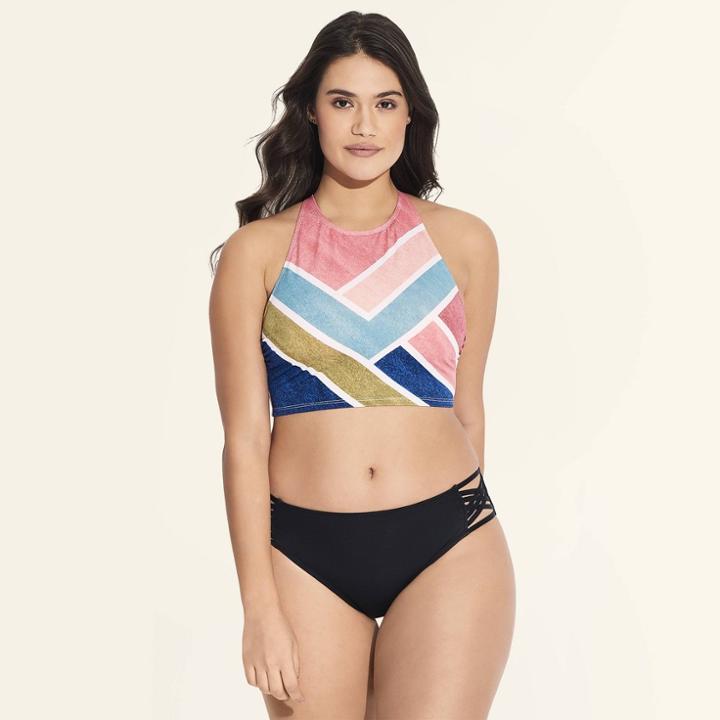 Women's Slimming Control High Neck Lace-up Bikini Top - Beach Betty By Miracle Brands Stripe S,