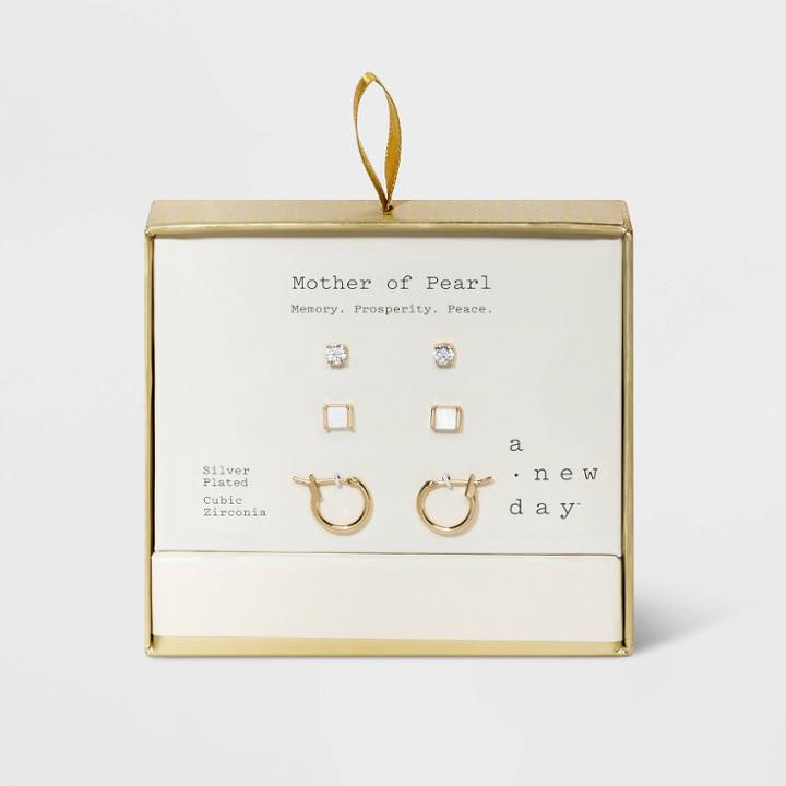 Semi-precious Mother Of Pearl With Cubic Zirconia Hoop Earring Set 3pc - A New Day Pearl, White