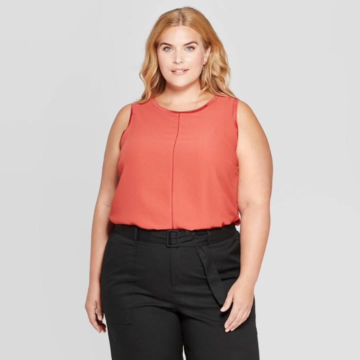 Women's Plus Size Sleeveless Crewneck Ladder Trim Blouse - Ava & Viv Coral (pink) X