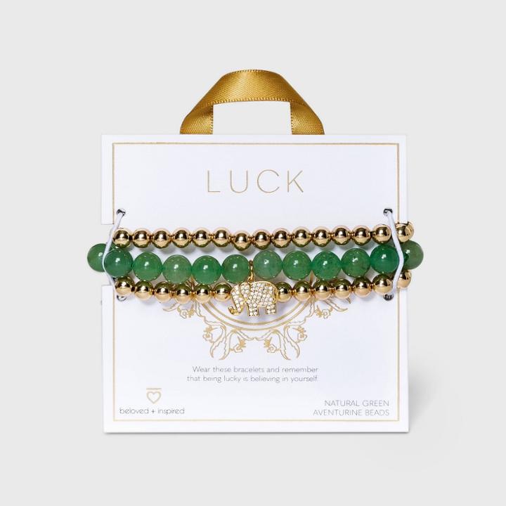 Beloved + Inspired Gold Green Aventurine With Elephant Charm Trio Stretch Bead Bracelet