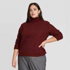 Women's Plus Size Long Sleeve Turtleneck Sweater Trim T-shirt - A New Day Burgundy