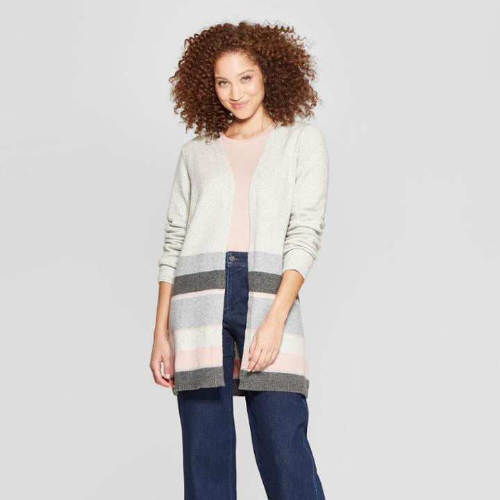 Women's Striped Long Sleeve Colorblock Open Cardigan - A New Day Gray/pink