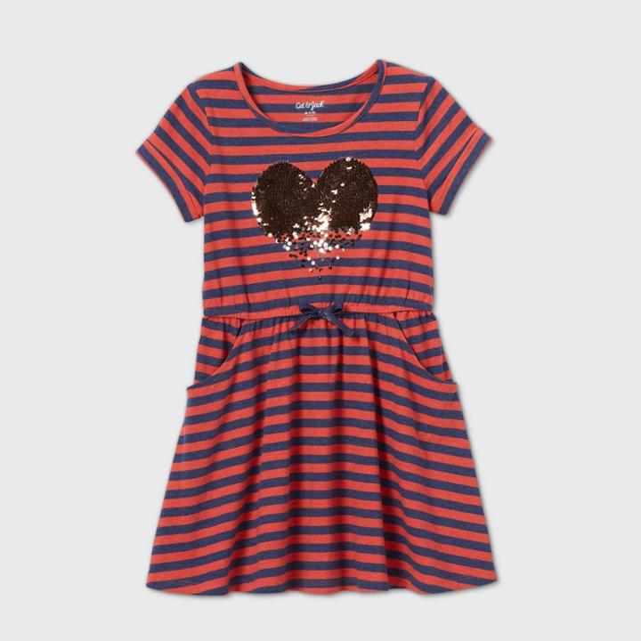 Girls' Flip Sequin Heart Striped Knit Dress - Cat & Jack Orange/navy Xs, Blue/orange