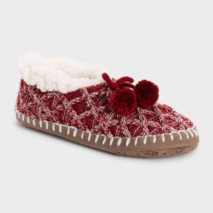 Muk Luks Women's Classic Ballerina Slipper Socks With Poms & Grippers - Red