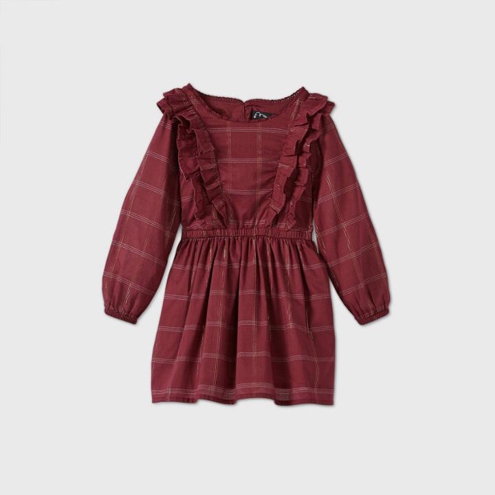 Toddler Girls' Shine Plaid Long Sleeve Dress - Art Class Maroon