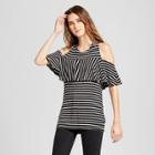 Women's Striped Cold Shoulder Ruffle Top - Alison Andrews Black/white Xl,